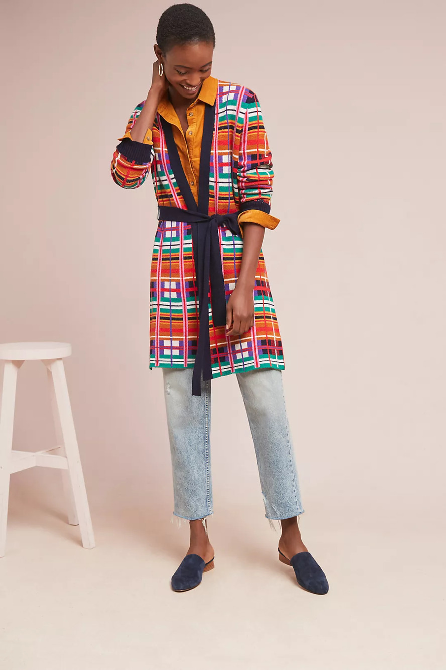 Moth Anthropologie Williston Plaid Long Cardigan Sweater Belted Womens Small